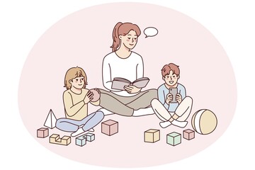 Happy young mother relax together with small kids at home. Mom or nanny rest with little children indoors. Childhood and parenthood. Vector illustration