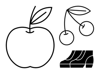 Apple with leaf, two cherries connected by a stem, and a step platform. Ideal for health, nutrition, fitness, simplicity, minimalism, clean design well-being abstract line flat metaphor