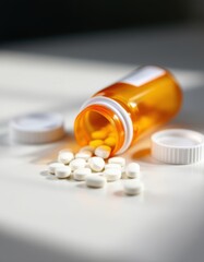 Scattered pills spilling from an open amber prescription bottle illuminated by sunlight