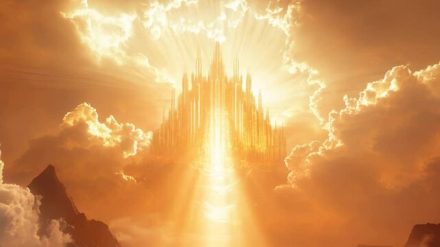 Majestic golden celestial palace in the sky, with glowing light and clouds, representing a mystical fantasy realm, spirituality, fantasy art, luxury branding