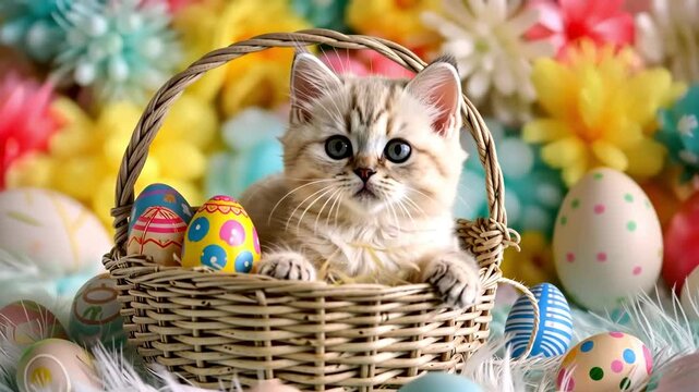 Cute cat in easter basket. Spring mood. Spring flowers.