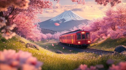 Cherry blossom with Red train in spring in Japan or Korea is the popular view spot,Illustration of Japanese spring,Panorama travel,tour advertising of world famous landmarks of Japan,autumn season.