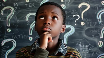 Pensive cute afro american boy with question marks on chalkboard behind him
