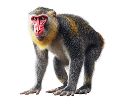 Monkey with a red nose and yellow and black fur stands on transparent background