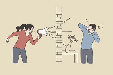 Woman neighbor scram yell in loudspeaker annoy or bother man living next door. Neigbour shouting loud in megaphone to bother flat mate. Housing, renter problem. Flat vector illustration