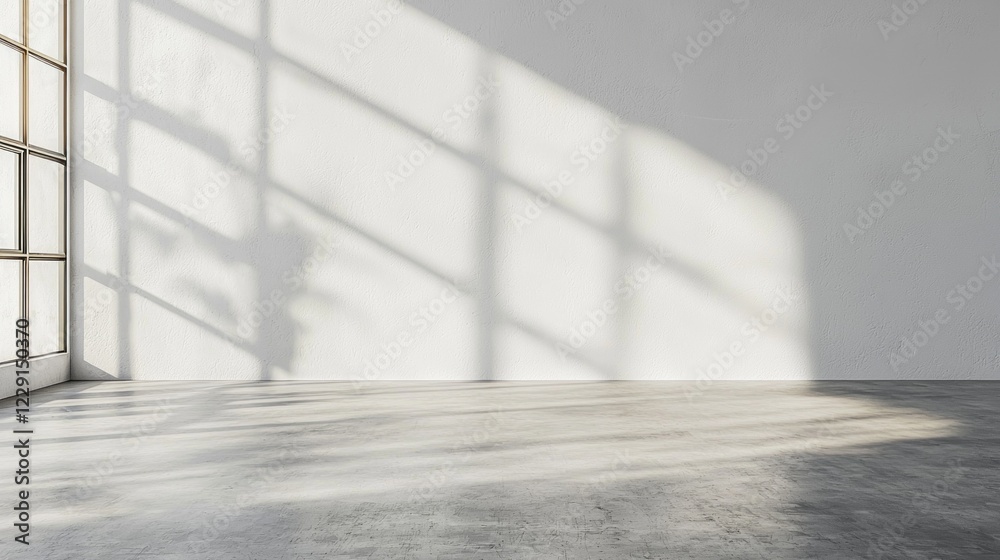 Poster natural light filters through large windows, illuminating a pristine white wall. shadows playfully i