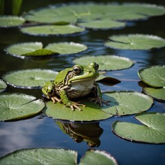Obraz premium A frog sitting on a lily pad in a tranquil pond.