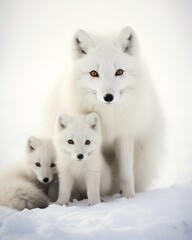 Fototapeta premium Close-up, arctic fox with young in deep snowy arctic winter landscape, AI generated