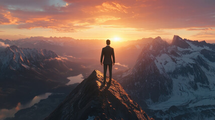 Fototapeta premium young professional in suit stands on mountain peak, gazing at stunning sunset over snow capped mountains and valleys below, evoking sense of achievement and inspiration