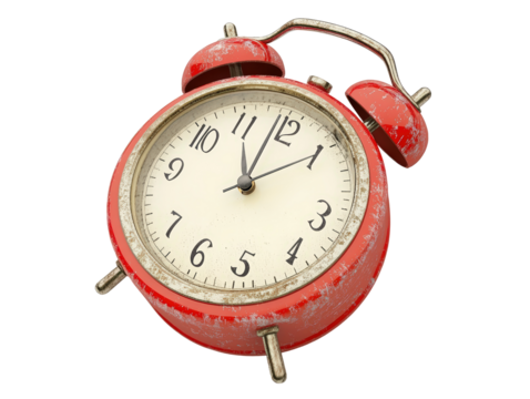 Isolated Distressed Red Alarm Clock with Scratched Surface