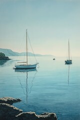 Fototapeta premium Peaceful scene of sailboats floating on serene waters, reflecting the clear sky and early morning light.