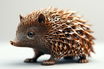 Intricately crafted sculpture of a hedgehog made from layered materials showcasing fine detail and...