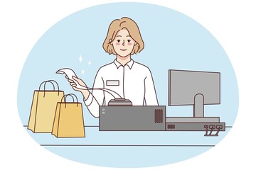 Smiling female cashier with bags at shop register. Woman selling products giving bill to client in store. Good service and consumerism. Vector illustration