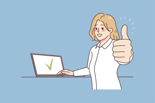 Smiling woman working on computer show thumb recommending online services. Happy female client give recommendation to laptop app. Customer feedback. illustration