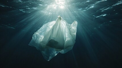 Plastic bag floating underwater, sunlight piercing through the ocean, representing the silent threat of pollution and the need for ocean protection.