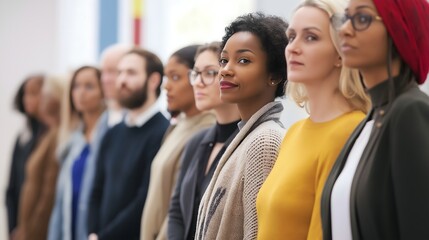 Diverse group of individuals waiting in line for an event at a community center during the afternoon