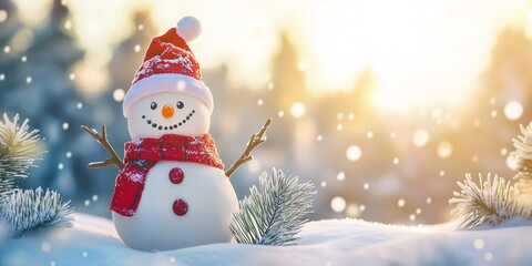 Happy smiling snowman in red hat and scarf at sunny winter forest covered with snow. Christmas concept, copy space
