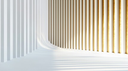 Obraz premium Modern Interior with White and Golden Vertical Lines and Shadows