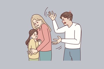 Mother protect child from aggressive father. Woman hide kid from authoritarian husband. Family conflict and domestic violence problem. illustration