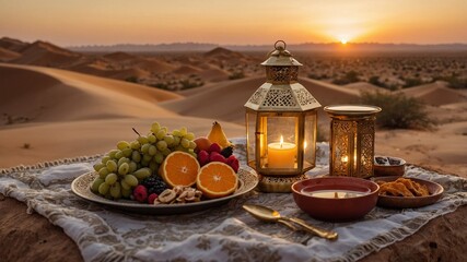 Fototapeta premium Ramadan Sunset in the Desert with Lanterns, Iftar and Golden Dunes.