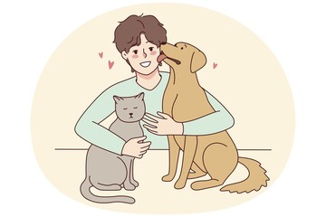 Happy man with cat and dog showing love and care. Smiling guy with pets enjoy domestic animals company. Vector illustration