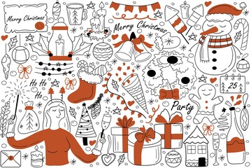Merry Christmas doodle set. Collection of hand drawn sketches template patterns of chirstianity holiday new year symbols santa claus snowman. Winter and Jesus Christ birth celebration illustration