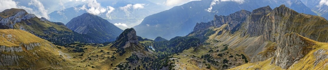 Fototapeta premium Panorama from Hochiss peak in the Rofan Mountains with Dalfazer Wände, Adlerhorst and Inn Valley, Rofan Mountains, Achensee, Tyrol, Austria, Europe