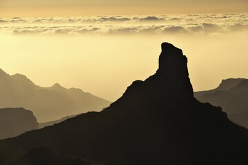 Evening mood, view from Mirador Degollada de Becerra to Roque Bentayga, Gran Canaria, Canary...
