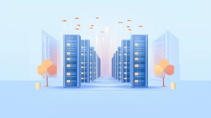 Modern Data Center with Servers and Colorful Umbrellas in Sky