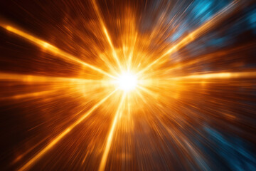 Obraz premium Bright sunrays radiate from center, creating stunning explosion of orange and blue light. This vibrant display evokes sense of energy and movement