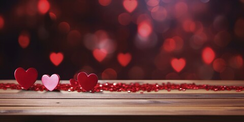 Heart shaped red confetti on wooden table with heart bokeh lights in background. KI generiert, generiert, AI generated