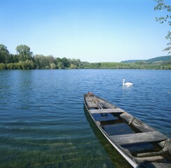Old rowing boat on lake, Baden-Wurttemberg, Germany Grötzinger See