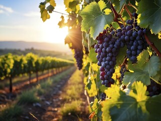 Fototapeta premium Harvest ready grape bunches with water droplets sparkling in the sunlight, AI generated