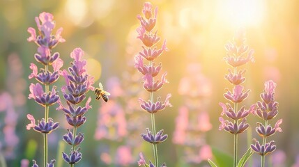 Obraz premium Bee in Flight Among Lavender Flowers at Sunrise
