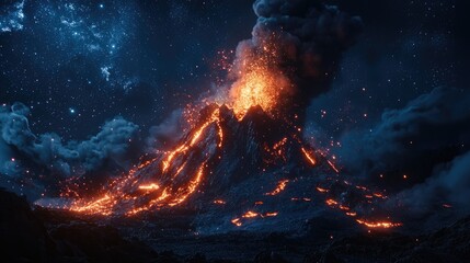 Fototapeta premium Eruption Under the Starry Sky, A Volcanic Night Spectacle