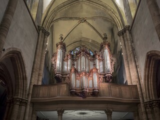 Organ loft, St Martin's Church, Colmar, Alsace, France, Europe
