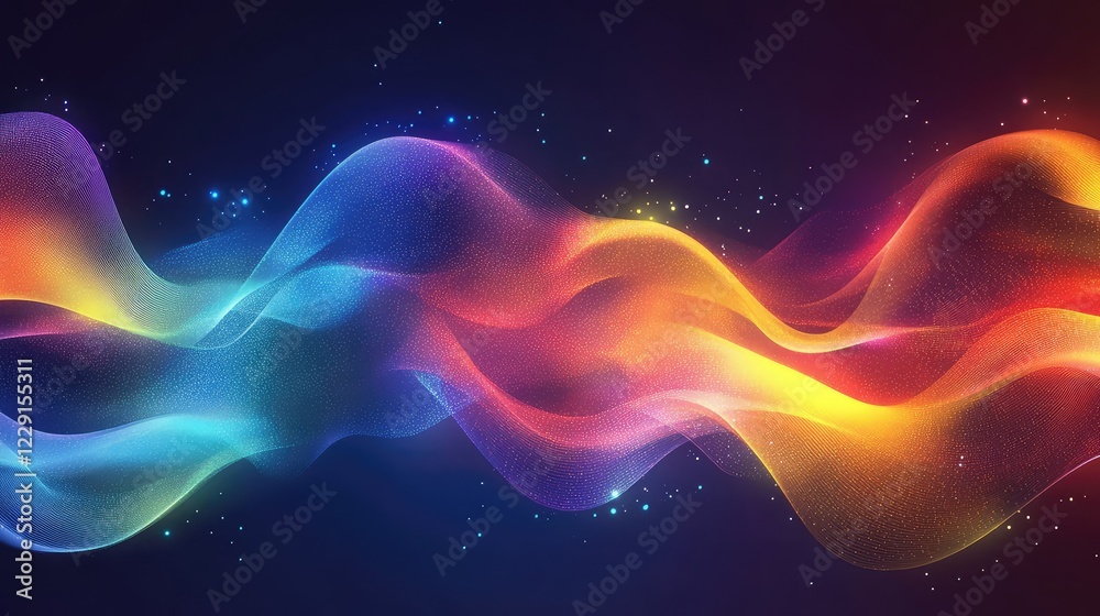 Poster abstract waves of colorful light flowing through a dark background with tiny sparkles and glowing pa