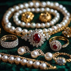 Elegant pearl and ruby jewelry on velvet