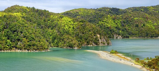 Yellow sand beach with tropical overgrown hills, Torrent Bay, Abel Tasman National Park, Tasman...