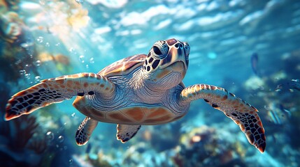 Fototapeta premium Underwater scene with a sea turtle navigating through plastic pollution, highlighting the urgent need for protecting marine life from harmful waste.