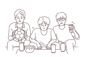 Happy guys watch football at home together, Vector Happy guys have fun sit at home watching football together. Smiling friends enjoy weekend indoors with sport match. Vector illustration
