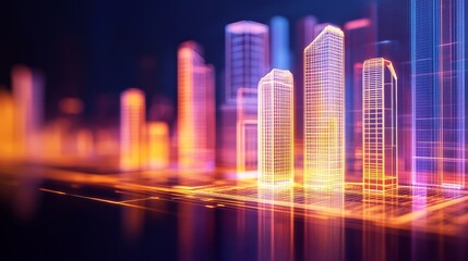 Futuristic city skyline at night with glowing building and vibrant light reflecting on water