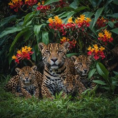 A jaguar and her cubs resting under a tree with vibrant maranta flowers.