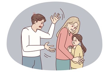 Mother protect child from aggressive father. Woman hide kid from authoritarian husband. Family conflict and domestic violence problem. Vector illustration