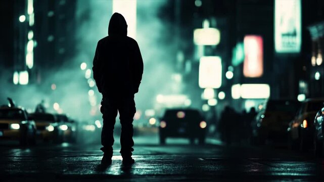 A dark image of a man standing in the middle of city street, 4k