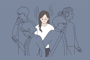 Unhappy young woman in crowd feel lonely abandoned in society. Upset sad girl suffer from loneliness and solitude. Depression and apathy concept. Emotional burnout. Flat vector illustration