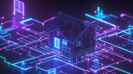 Fototapeta premium Smart home technology, futuristic house model connected to digital network.