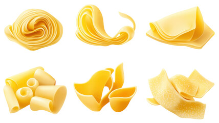 Variety of fresh pasta shapes displayed on a white background in a culinary arrangement