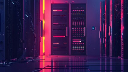 Obraz premium Futuristic Server Room with Neon Lights and High-Tech Equipment