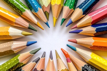 Naklejka premium A set of vibrant colored pencils arranged in a circular pattern, ideal for art projects or design inspiration